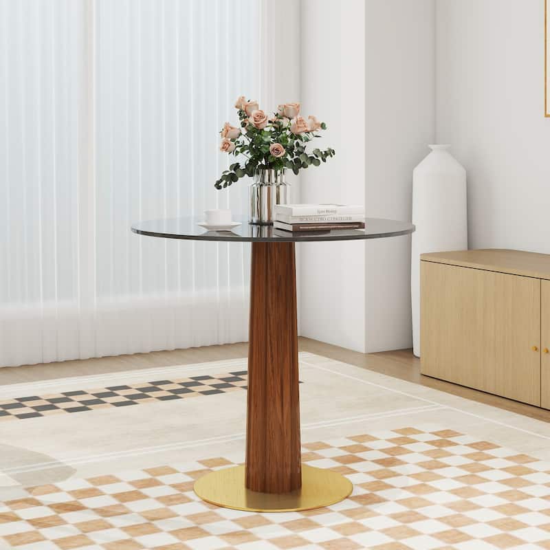 Modern Round Dining Table, 33.5" Tempered Glass Table with Wooden Leg & Gold Base, 2 - Person Kitchen Table for Small Space