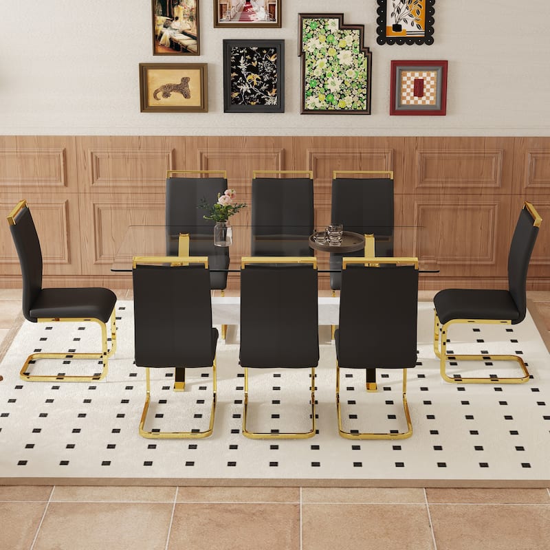 9-Piece Glass Dining Table Set for 8, 71" Rectangular Table with Gold Metal Base, 8 PU Dining Chairs for Kitchen, Dining Room