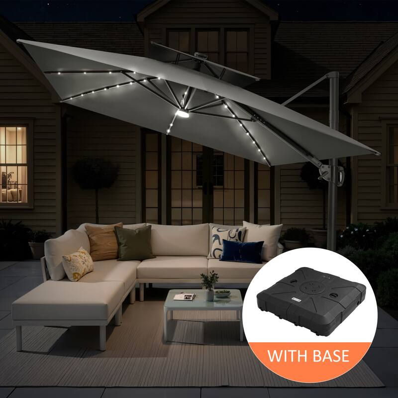 12 x 9 FT Outdoor Patio Aluminum Cantilever Umbrella with Solar Lights Double Canopy with Wheel Base - DarkGrey
