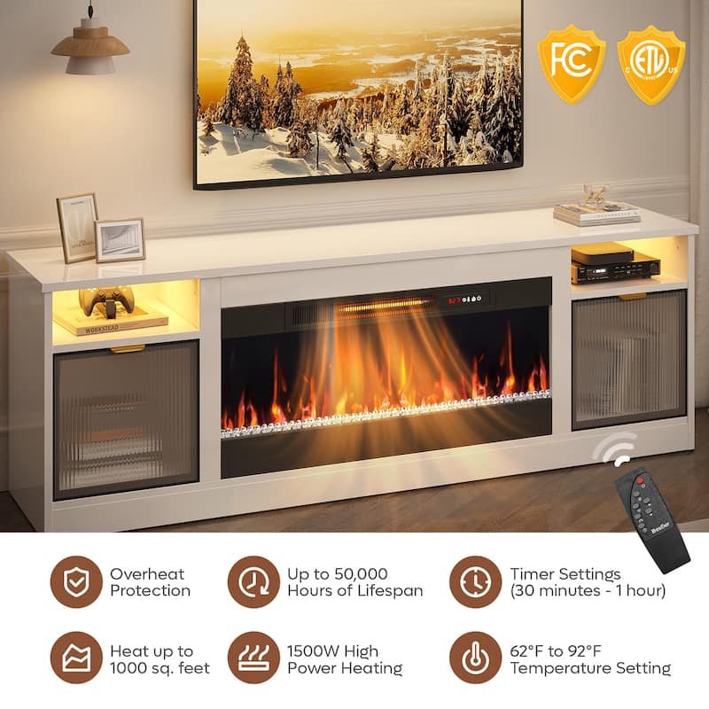 Bestier 71 in. Freestanding Fireplace TV Stand for TVs Up to 80 in. with Ample Storage in Glossy - 22.83hx71wx15.75d