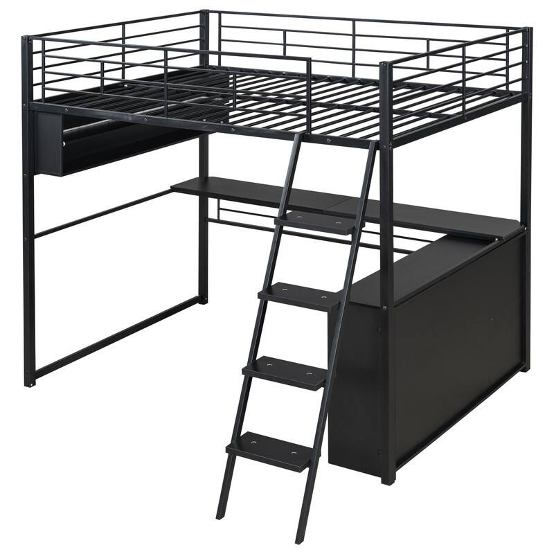 Twin/Full Size Kids Loft Bed with LED Light and Storage Shelves, Teens Metal Bed Frame with Ladder and Desk