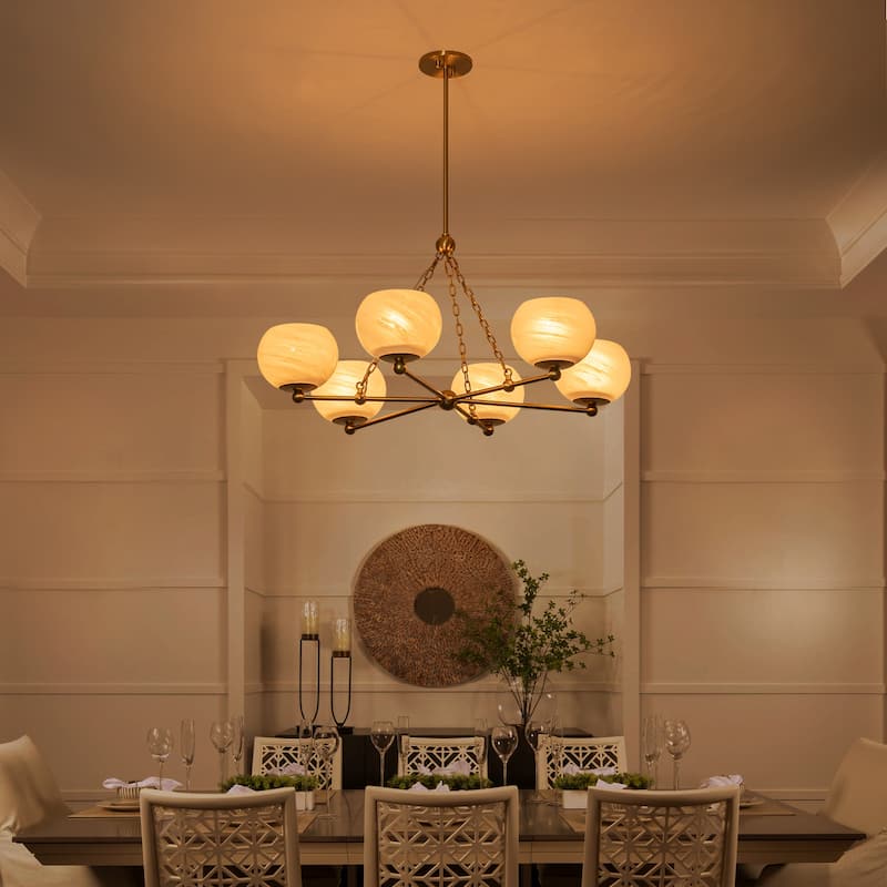 6-Light Brushed Gold Branch Chandelier with Cloud-Pattern Glass Shades - Dia.35.43-in