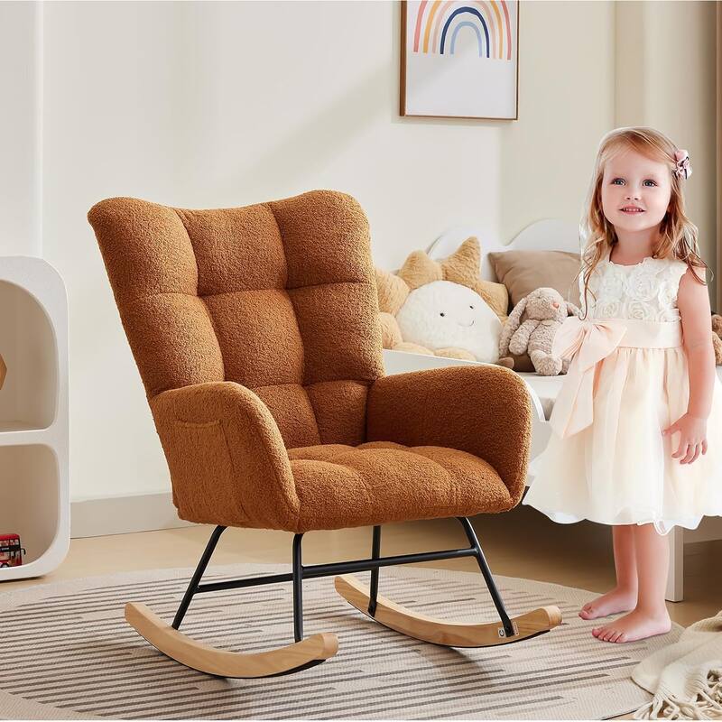 Modern Teddy Rocking Chair for Nursery, Upholstered Glider with High Back