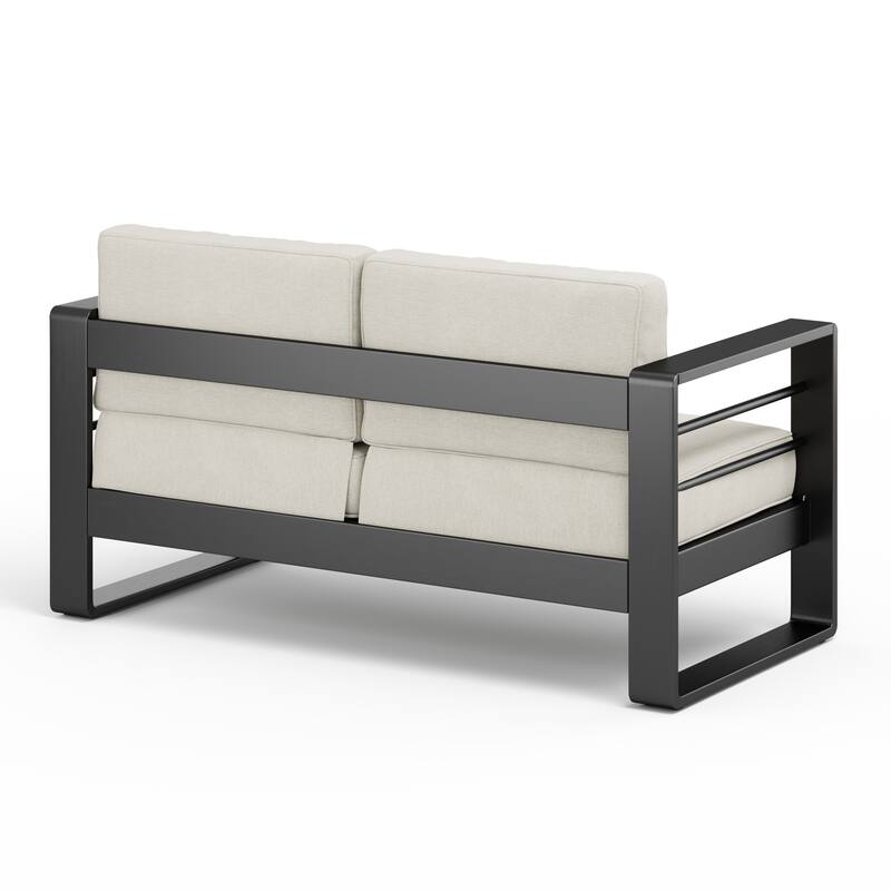 Roomfitters Maya Bay Outdoor Aluminum Loveseat with Rust Resistant Frame, Black and Beige