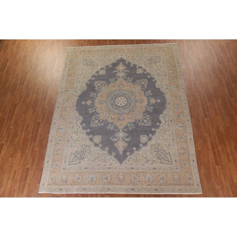Hand Knotted Oriental 100% Wool Carpet Traditional Medallion Greys & Charcoal Tabriz Area Rug - 12' 5'' X 9' 7''