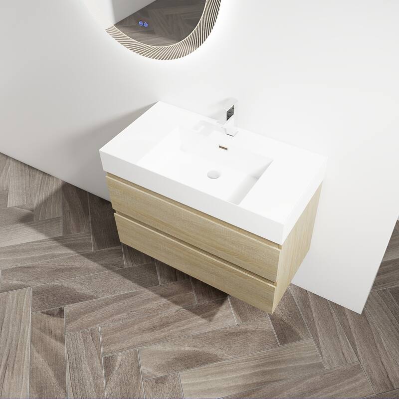 24/30/36 Single Sink Wall-Mounted Bathroom Vanity with Integrated Thick Edge Resin Sink