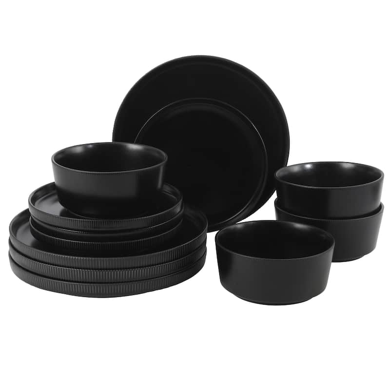 Gibson Home Dempsey Road 12-Piece Durable Modern Embossed Stoneware Dinnerware Set - Service for 4 - Matte Black