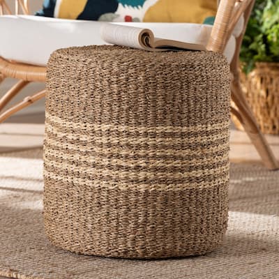 Wickham Modern Bohemian Natural Brown Seagrass Ottoman Footstool
