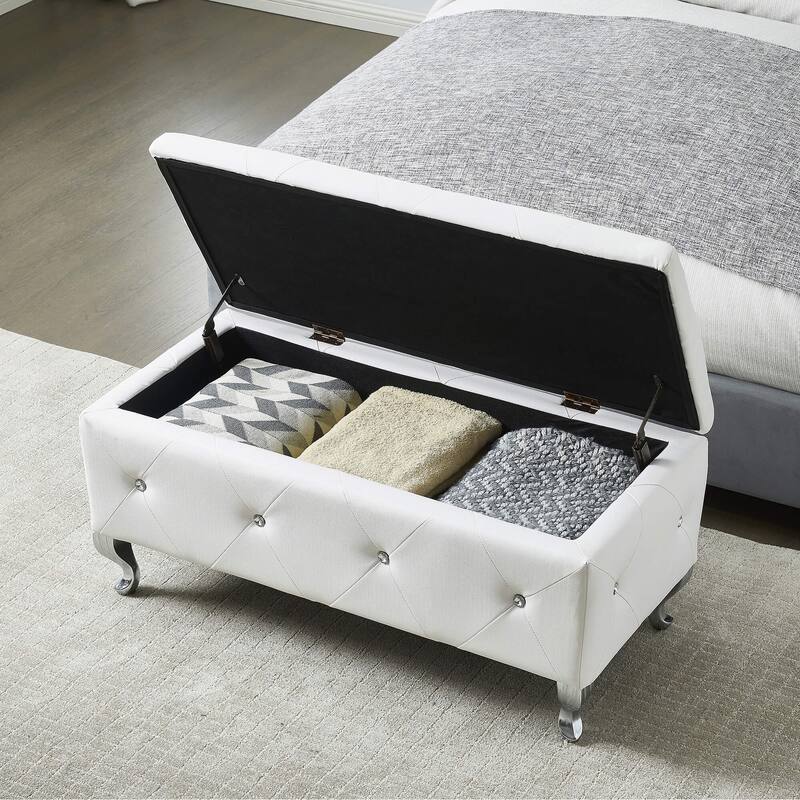 Storage Bench Leisure Stool with Safety Hinged Flap, End of Bed Decorative Bench with Crystal Buttons and Metal Legs