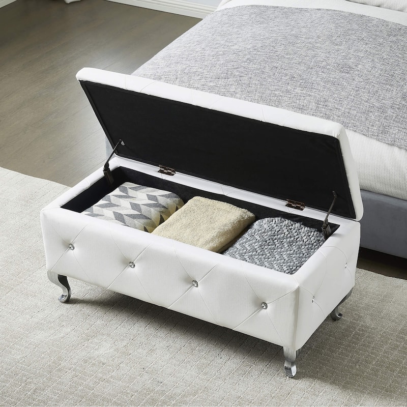 Upholstered Storage Ottoman Bench For Bedroom End Of Bed Faux Leather Rectangular Storage Benches Footrest With Crystal Buttons - White