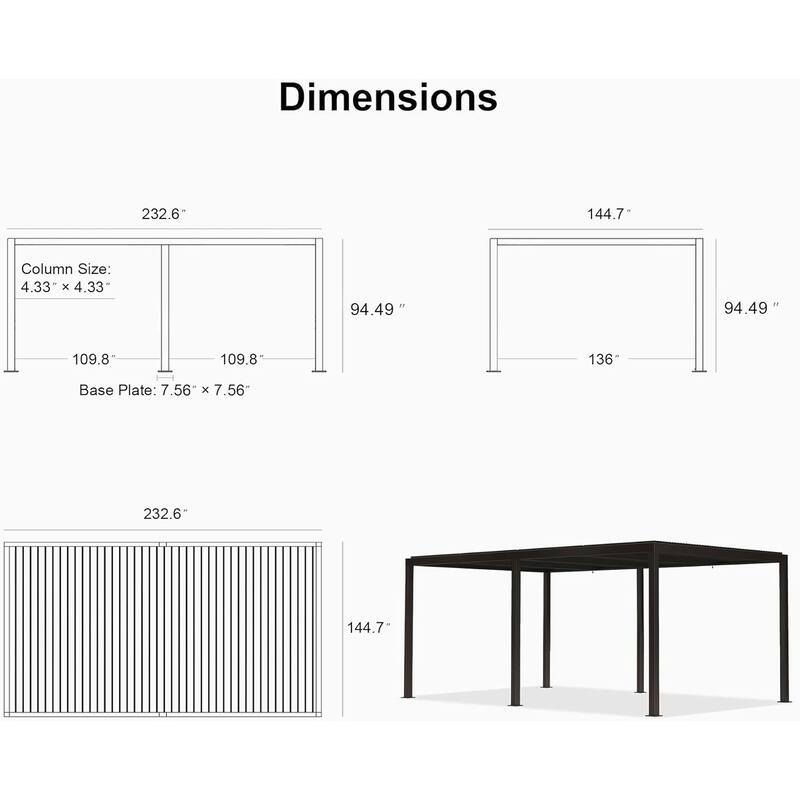 PURPLE LEAF Bronze Louvered Pergola with Adjustable Roof for Deck Backyard Garden Hardtop Gazebo