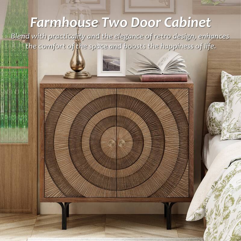COZAYH Farmhouse Nightstand, Accent Wooden Storage with Circle Pattern and Radioactive Wood Lines, Mid-century Dresser