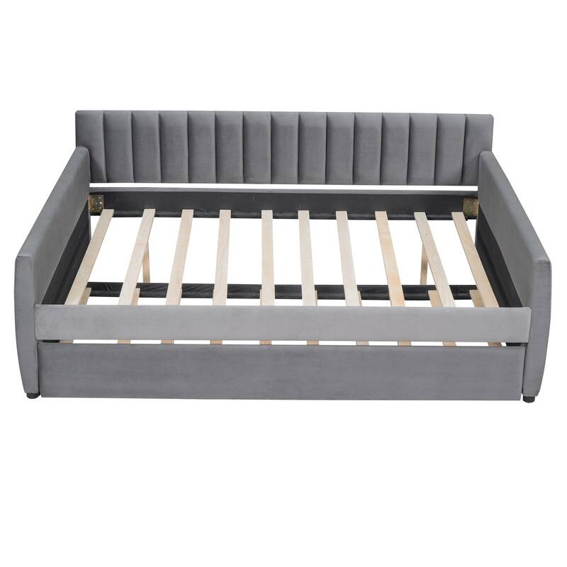 Full Size Daybed with Trundle,Upholstered Day Bed Frame Velvet Sofa Beds with Vertical Channel Tufted