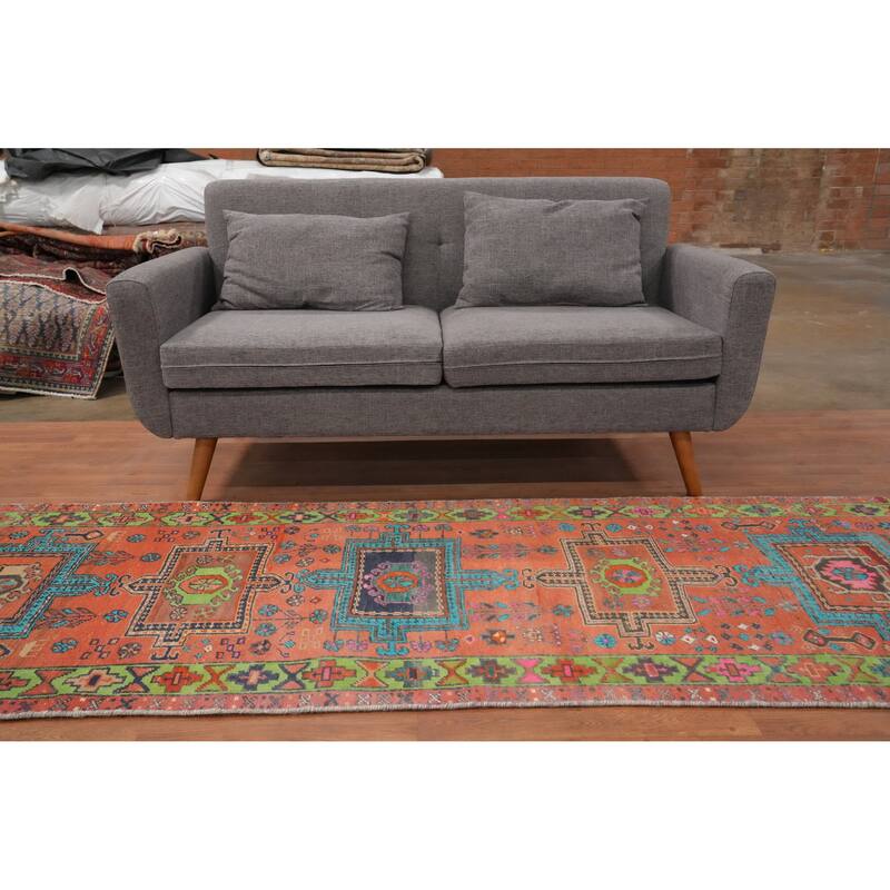 Hand Knotted Oriental 100% Wool Carpet Traditional Geometric Oranges & Rust Heriz Runner Rug - 8' 8'' X 3' 0''