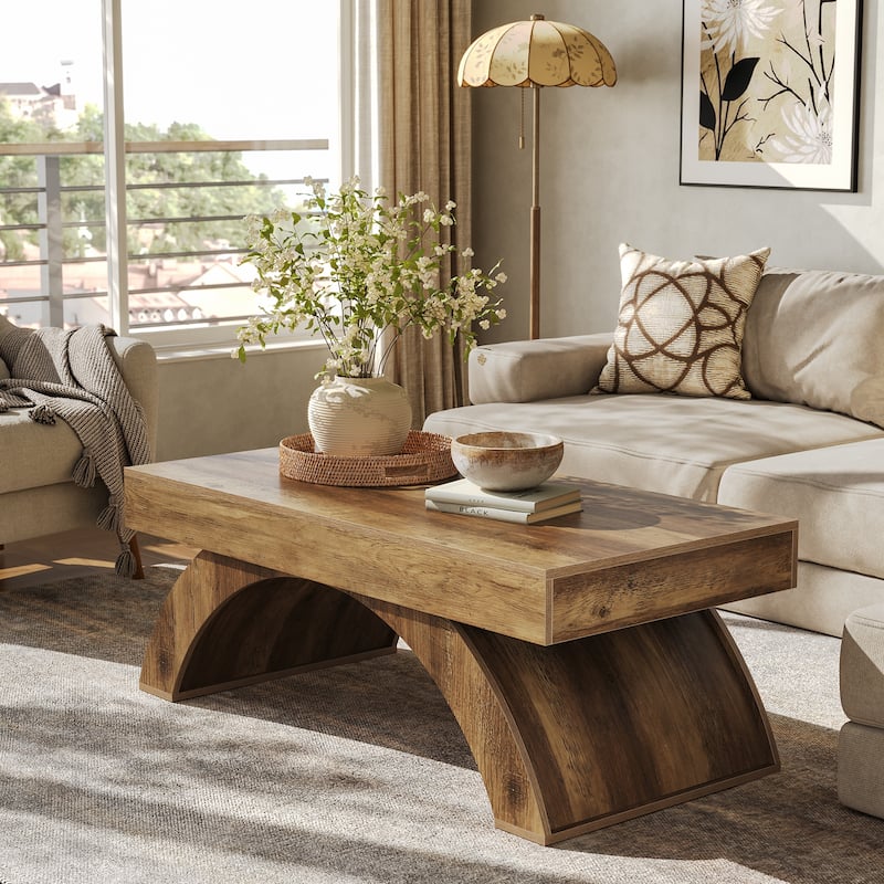 47'' Coffee Table, Farmhouse Center Cocktail Table with Arched Base - Rustic Brown