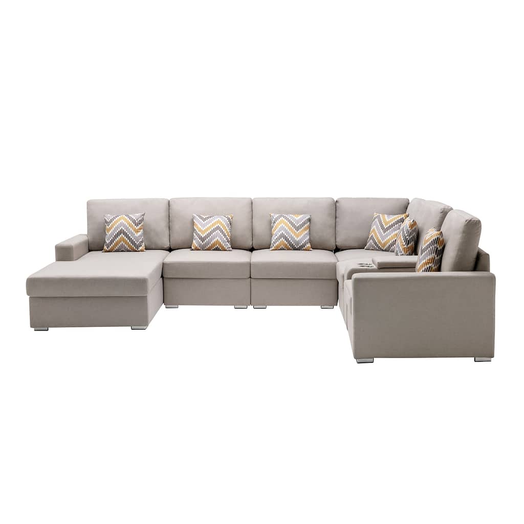 Linen Fabric 7 Piece U-Shaped Reversible Chaise Sectional Sofa with Storage Console Table and 6 Pillows