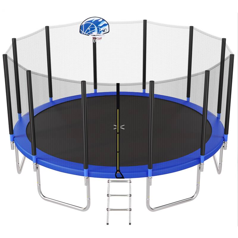 16FT Trampoline for Kids with Safety Enclosure Net, Basketball Hoop and Ladder, Easy Assembly Round Outdoor Recreational Trampol