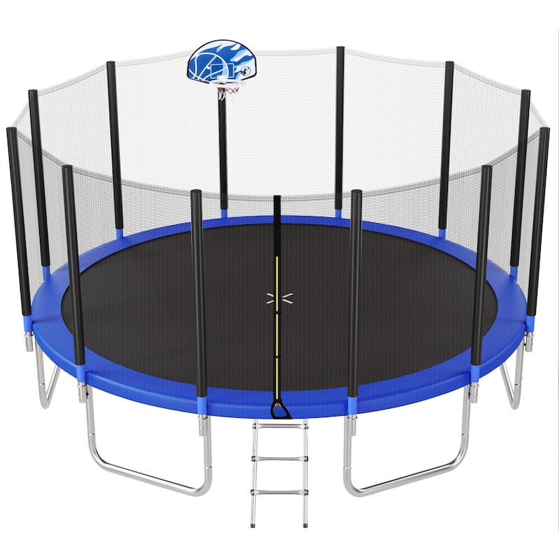 16FT Trampoline for Kids with Safety Enclosure Net, Basketball Hoop and Ladder, Round Outdoor Recreational Trampoline