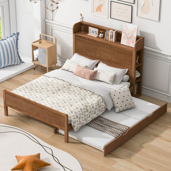 slide 2 of 11, Full Size Platform Bed with Storage Headboard Multifunctional Wooden Bedframe with Twin Size Trundle for Kids Teens Bedroom Walnut - Full