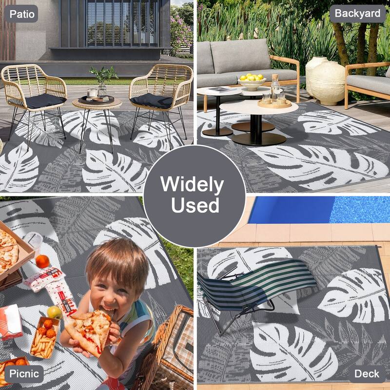 Outdoor Rug Waterproof Reversible Rug Modern Leaves Plastic Straw Area Rug