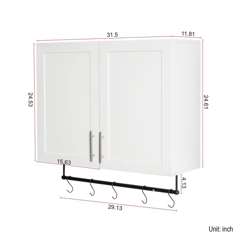 31.50" White Bathroom Wall Cabinet with Adjustable Shelf and 5 Hooks