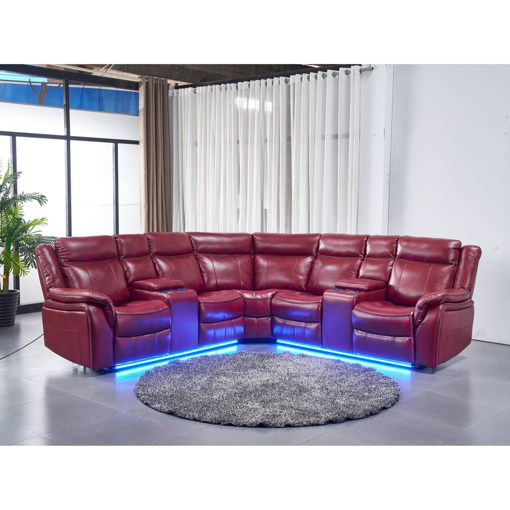 Titanic Furniture Falcon Red Faux Leather Power Motion Sectional with LED Ground Lights