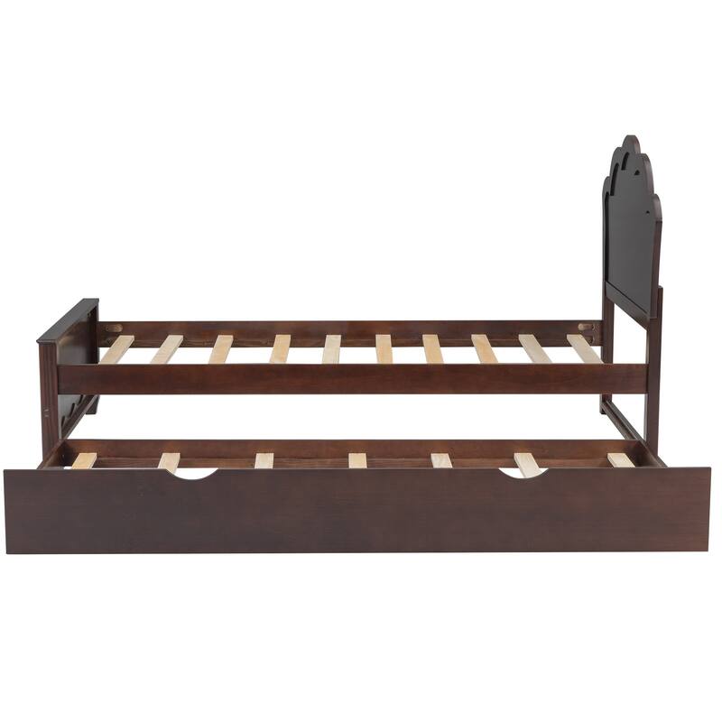 Single Bed Wood Platform Bed with Wave Shape Headboard and Footboard, Twin Size Trundle Bed Underneath No Box Spring Needed