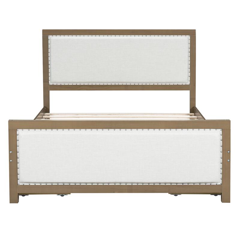 Natural Wooden Bed Frame with Beige Linen Upholstered Fabric Headboard Footboard, 4 Pullout