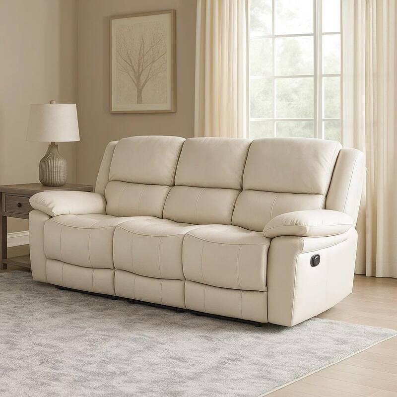 Larus Sofa, Manual Reclining Mechanism, Off White Faux Leather, 82 Inch