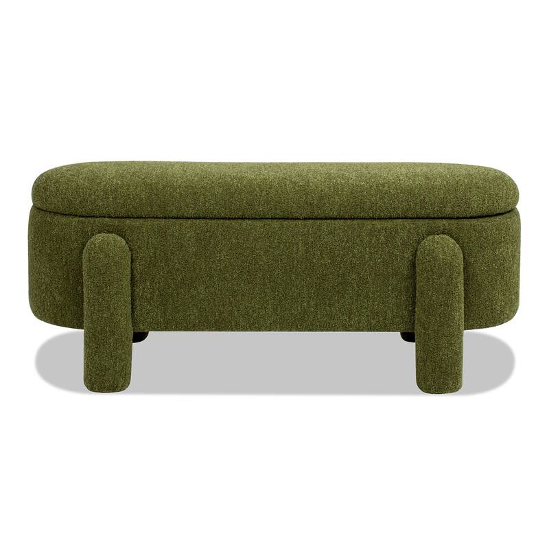 Oval Upholstered Storage Bench, Boucle Fabric Entryway Bench, Shoe Bench with Hidden Storage Space & Round Legs