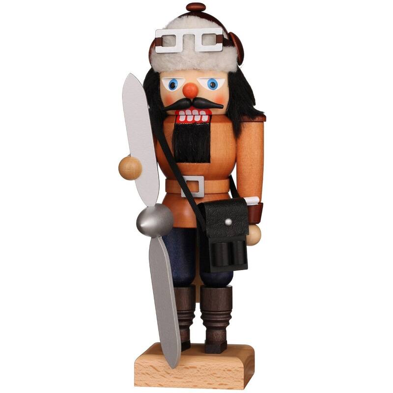 10" Free Standing Christian Ulbricht Handcrafted Natural Wooden Aviator Nutcracker