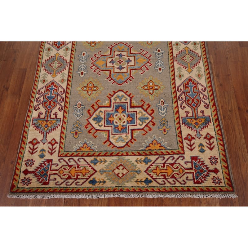 Kazak Oriental Accent Rug Hand-Knotted Beige Geometric Wool Carpet - 3'6" x 4'9"