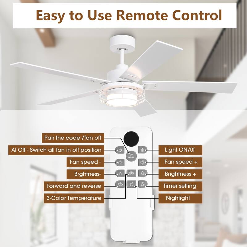 52 in. Matte White Integrated LED Dimmable Ceiling Fan with Light and Remote - 52" D x 52" W x 15.2" H