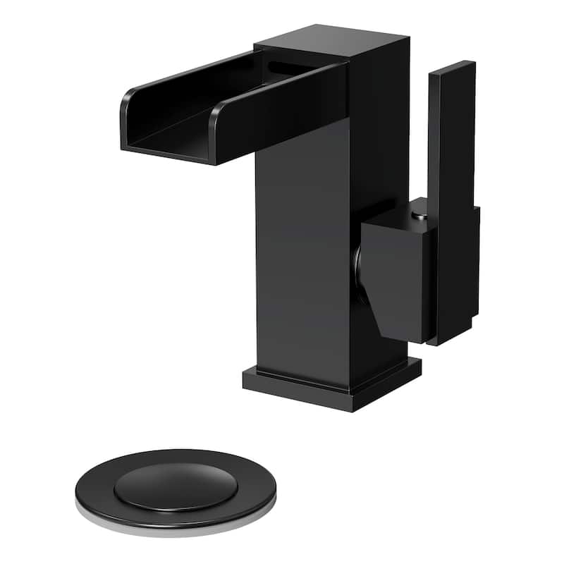 GRANDJOY LED Waterfall Bathroom Sink Faucet with Drain Assembly, Single Handle Vanity Fixture - Matte Black