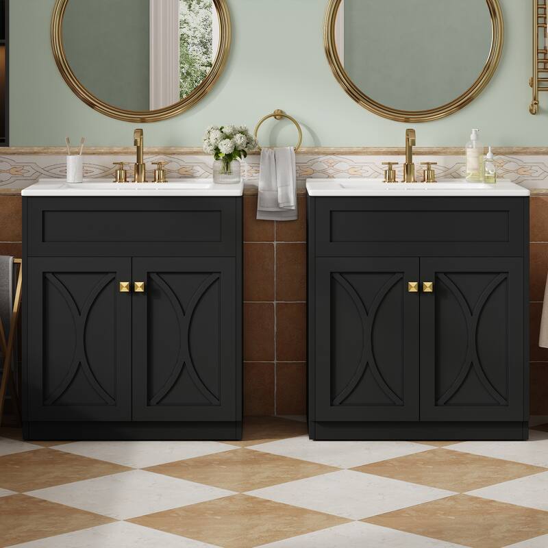 60"Bathroom Vanity with Ceramic Sink Combo, Modern Freestanding Storage Cabinet with Gold Handles, Soft Closing Doors