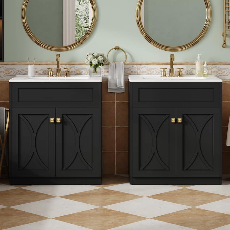 Roomfitters 60 Inch Bathroom Vanity with Ceramic Sink, Freestanding Storage Cabinet with Gold Handles & Soft Close Doors