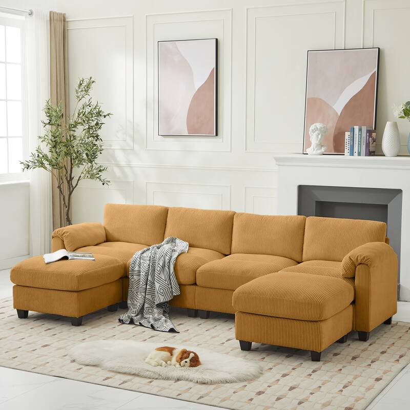 Corduroy Sectional Sofas with 2 Removable Ottomans, U-shaped Symmetrical 6-Seat Modular Couch