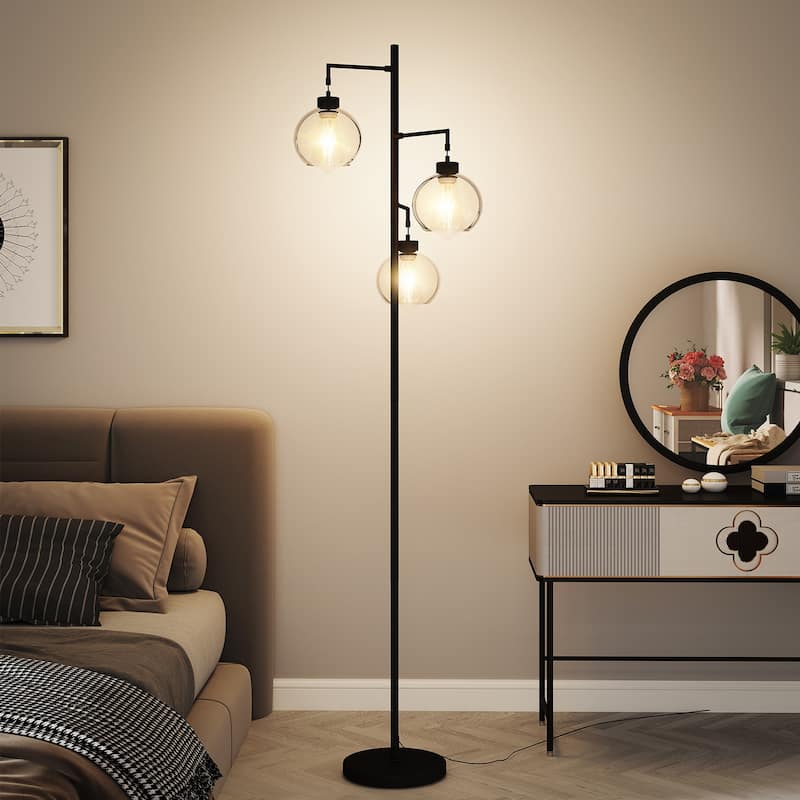 67" Tree-Shaped Living Room Floor Lamp with 3 Lights, Glass Lampshade and Foot Switch
