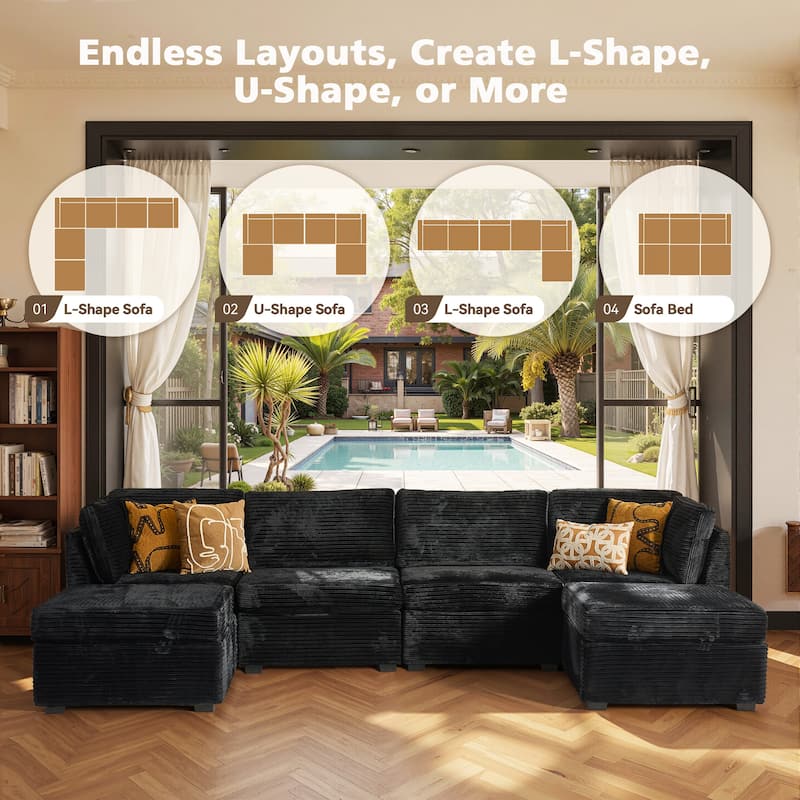 HOOOWOOO Modular U-shaped Corduroy Fabric Sectional Sofa Couch with Ottoman