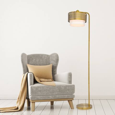 Eliza River of Goods Gold Metal and Fabric Two-Piece Shade 65.25-Inch Floor Lamp - 15.5" x 12" x 65.25"