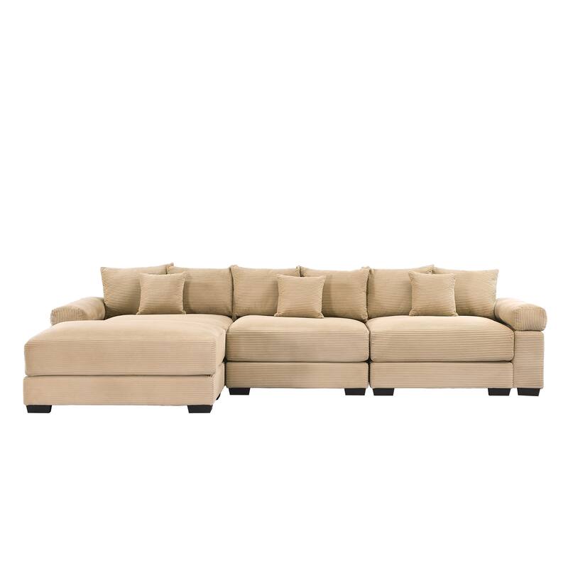 GDFStudio - Corduroy L-Shaped 3-Seater 130" Cloud Modular Sectional Couch with Ottoman