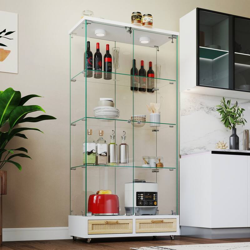 Modern Glass Display Cabinet with Large Drawer for Living Room and Bedroom