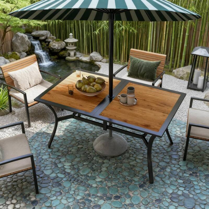 GDFStudio Outdoor Callidora Steel Outdoor Dining Table with Umbrella Hole for Six