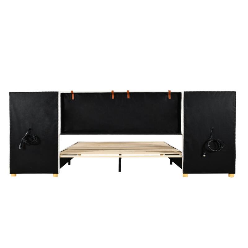 Queen Velvet Upholstered Bed with USB Ports, Storage Shelves & Built-in Pillows - Beige/Gray