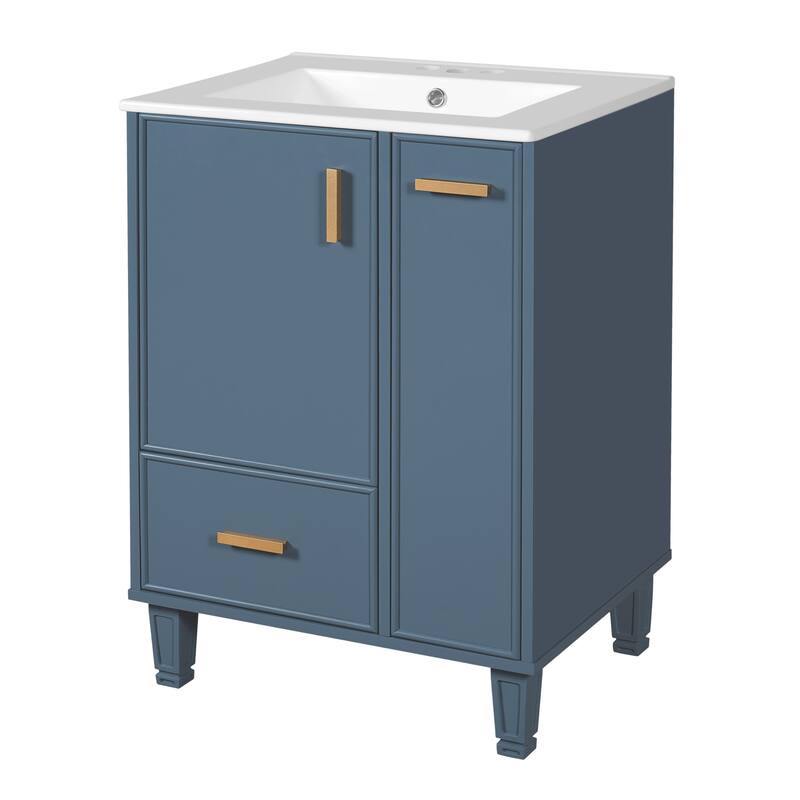 Roomfitters 24" Compact Bathroom Vanity with Ceramic Sink, Solid Wood Frame, 2-Tier Pull-Out Basket and Deep Drawer, Grey