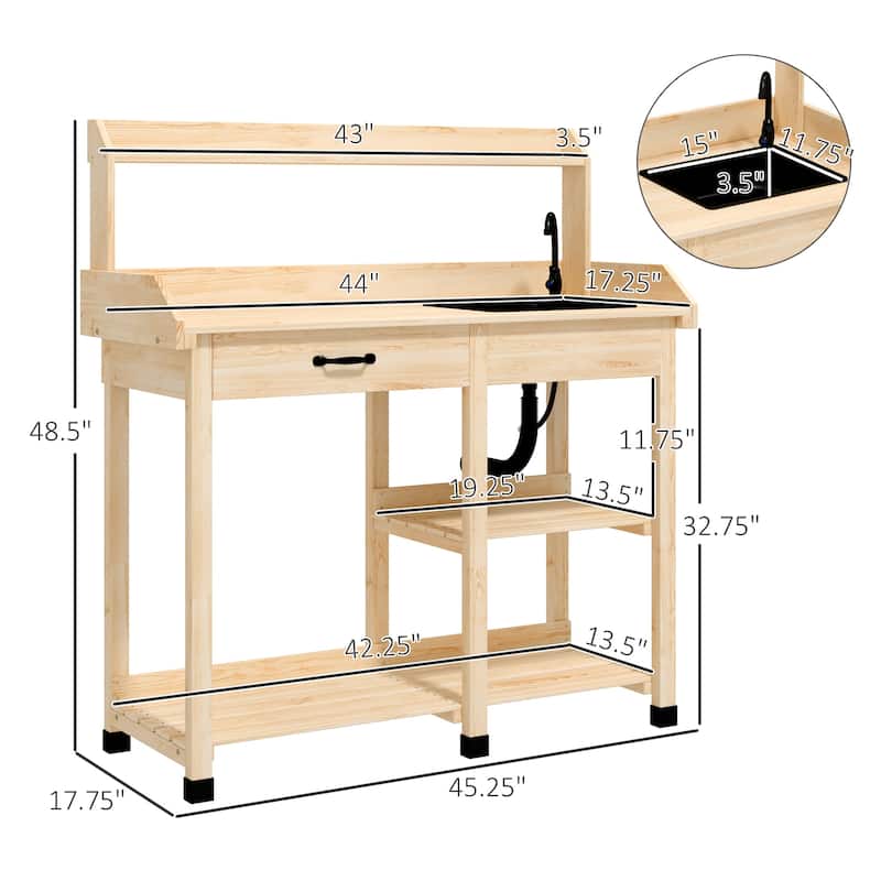 Outsunny Potting Bench Table, Includes Removable Outdoor Sink Station with Hose Hook Up, Wooden Work Station