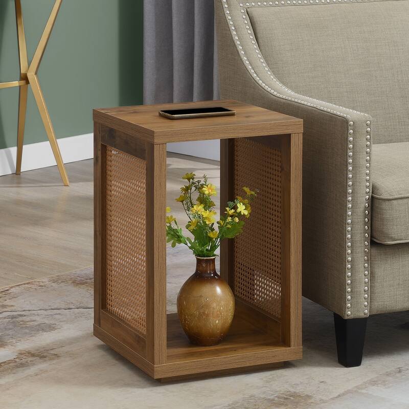Square Weave End Table with Two Tier Shelves, Rattan Accent Sides and Modern Boho Inspired Storage Solution - 15.75