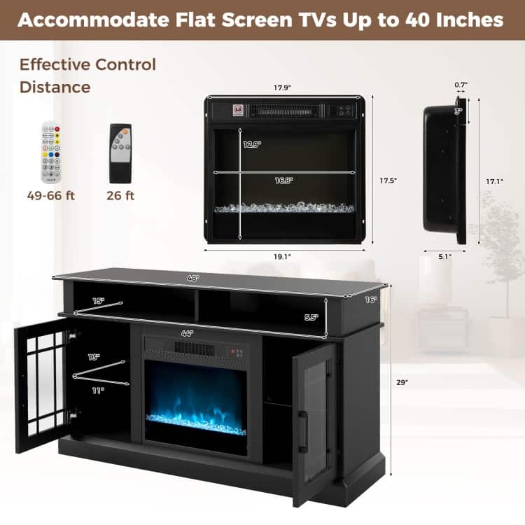 MDF Fireplace TV Stand with RGB LED, Remote and Storage - 48" L x 16" W x 29" H