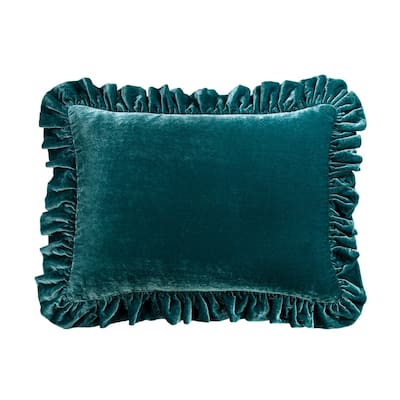 HiEnd Accents Stella Faux Silk Velvet Romantic Western Ruffled Oblong Pillow, 16"x21"