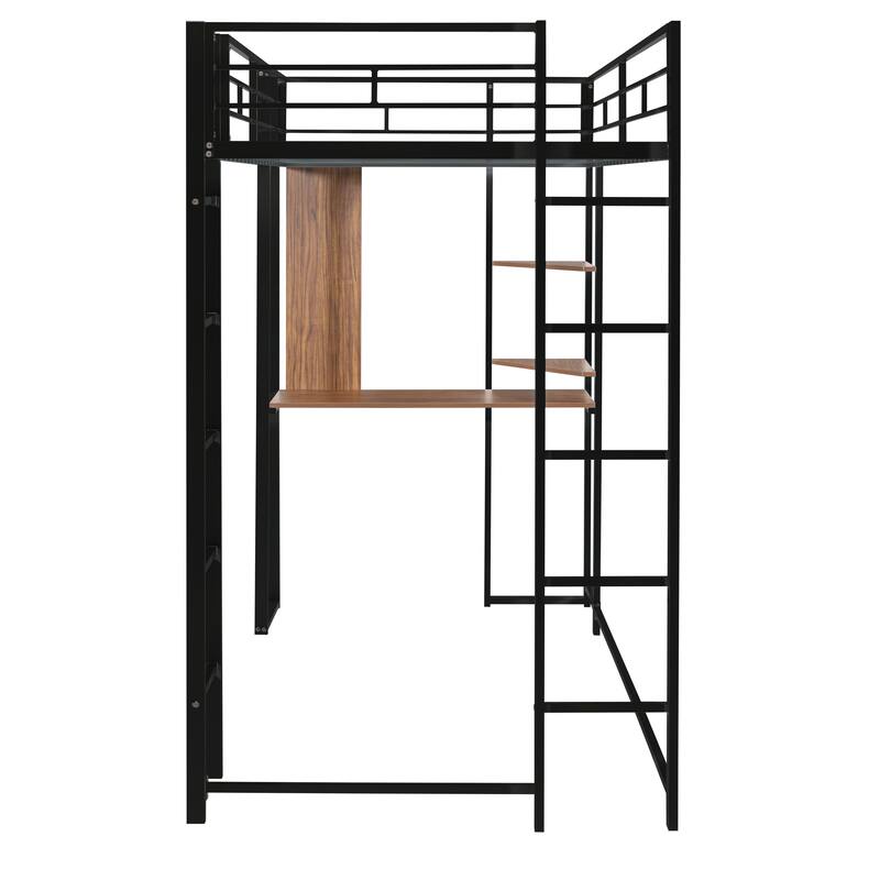Twin Size Metal Loft Bed with Desk, Shelves, and Full-Length Guardrails